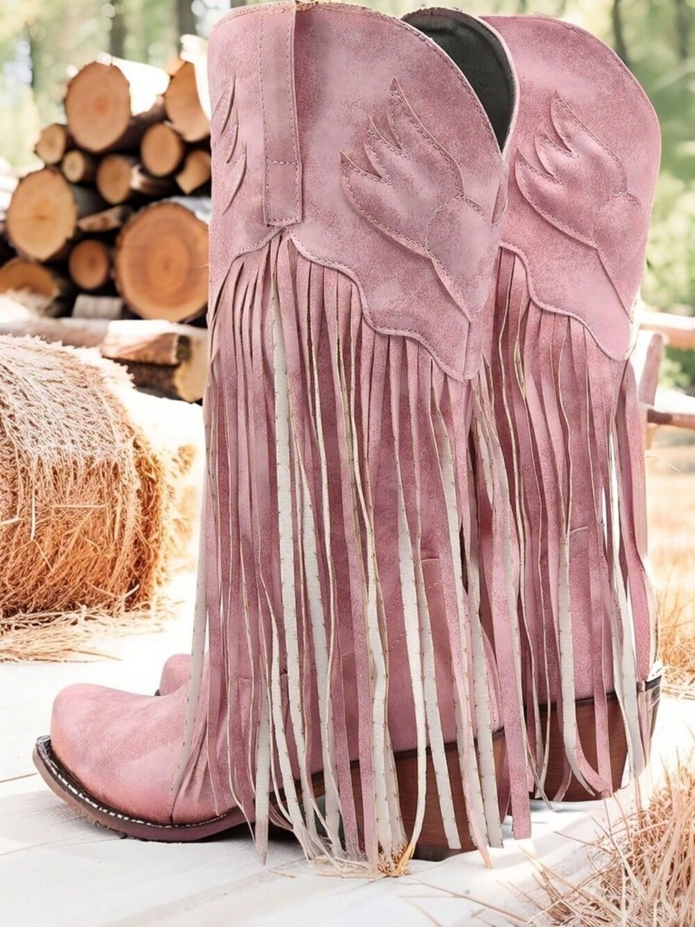 Pink Western Women's fringed detailed faux suede Cowboy Boots - Picture 3 of 9